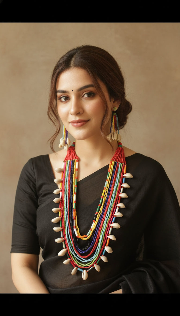 Multi-Color Beads and Cowrie Shells Hand Braided Boho Necklace Set