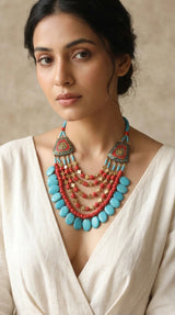 Turquoise and Red Bone Beads Handcrafted Multi-Layer African Tribal Necklace