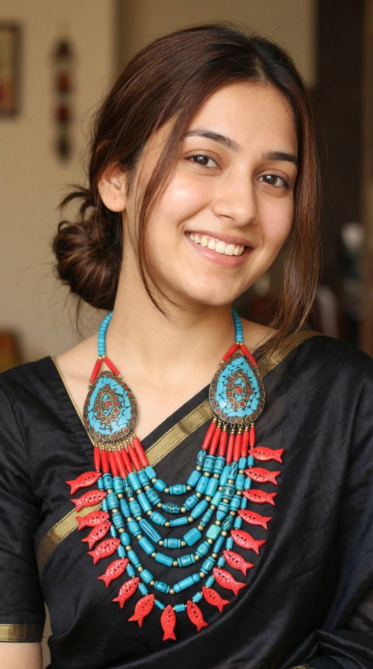 Turquoise & Red Fish Charms Bone Beads Handcrafted Multi-Layer African and Tibetan Tribal Necklace