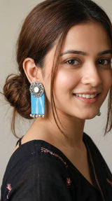 Blue Ikat Fabric Mirror Earrings