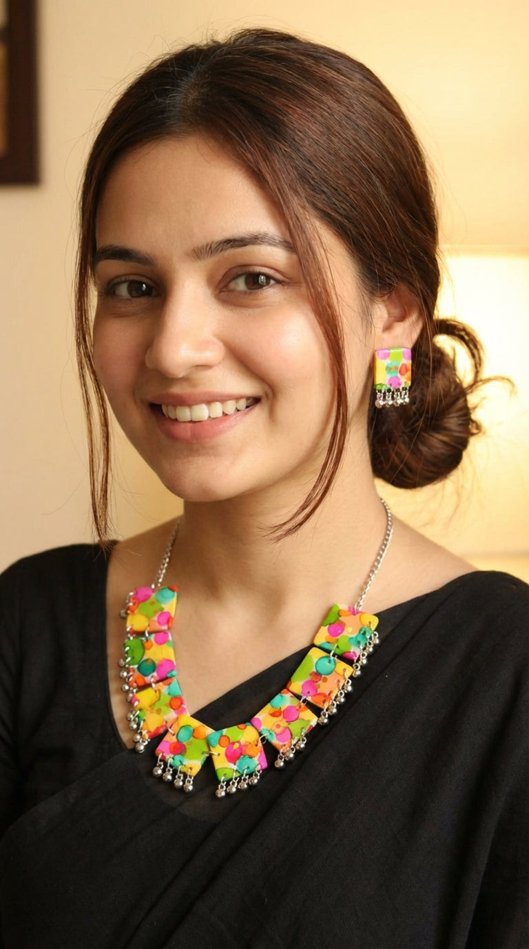 Multi-Color Resin Necklace Set Embellished with Ghungroo Beads Accents and comes with Stud Earrings