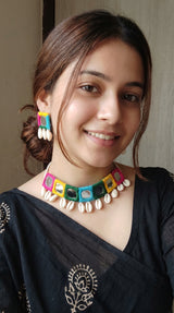 Multi-Color Hand Embroidered Mirrors and Shell Work Choker Necklace Set