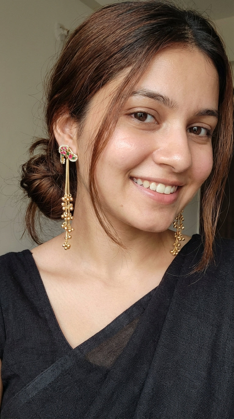 Ghungroos Embellished Golden Chain kashmiri Long Dangler Earrings