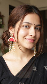 Kundan Stones Embellished Pink Fabric Earrings with Pearl Strings