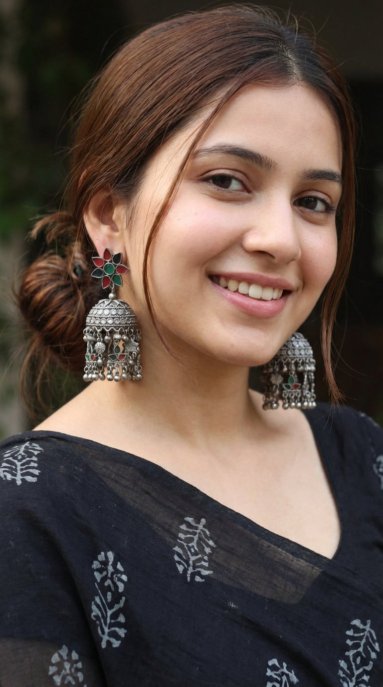 Oxidised Finish Red and Green Glass Stones Embedded Afghani Jhumka Earrings