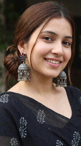 Oxidised Finish Red and Green Glass Stones Embedded Afghani Jhumka Earrings