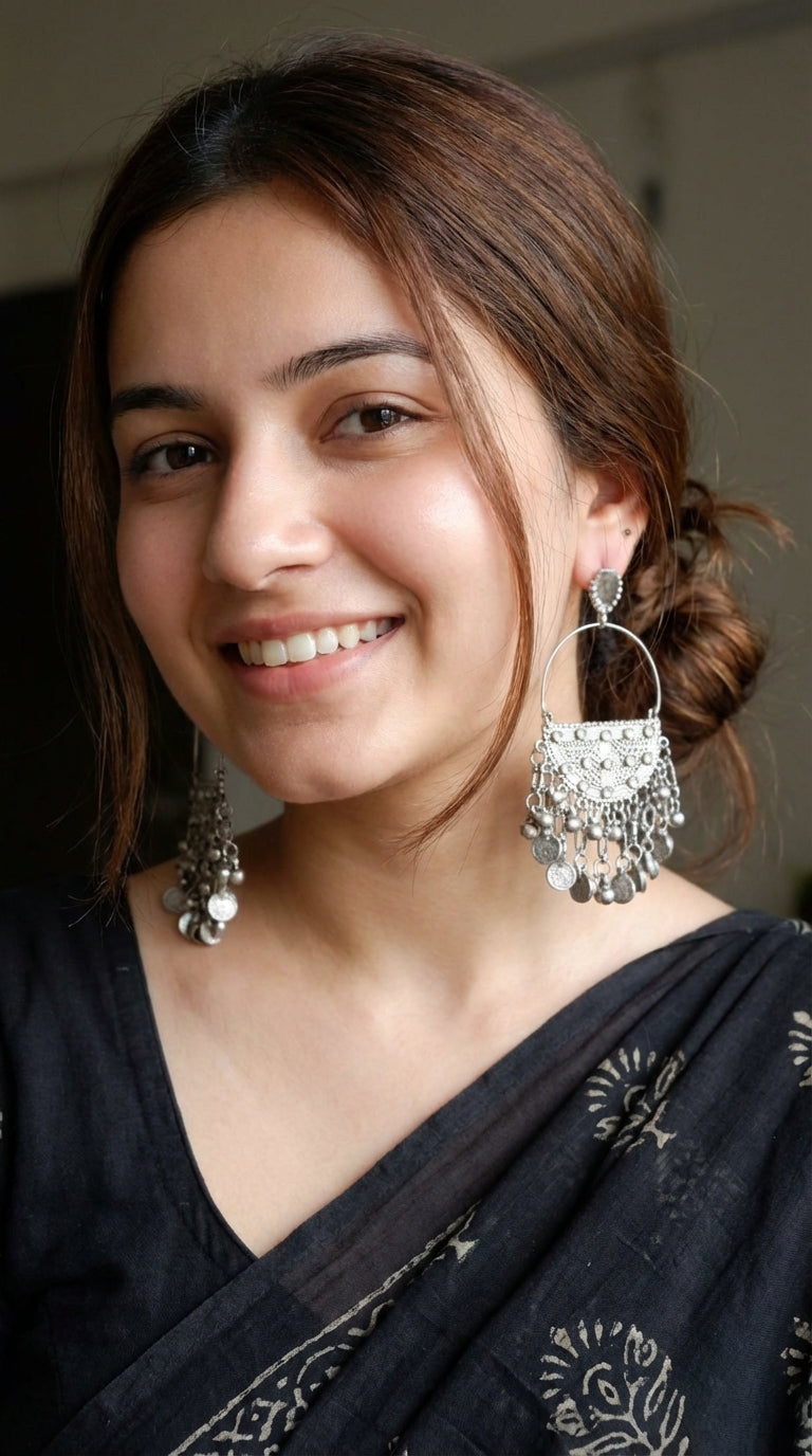 Oxidised Finish Stamped Coins and Ghungroos Embellished Hoop Earrings