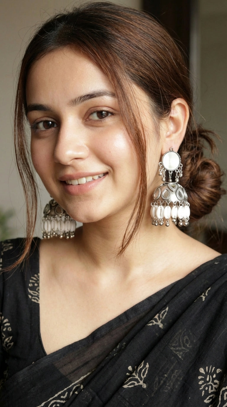 Mirror and Shell Oxidised Finish Lightweight Metal Jhumka