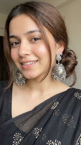 White Stones Embedded Premium Oxidised Finish Jhumka Earrings