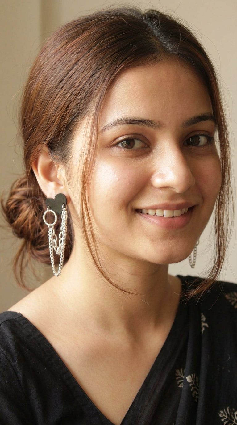Black Heart 2 Layer Chain Strings Earrings
