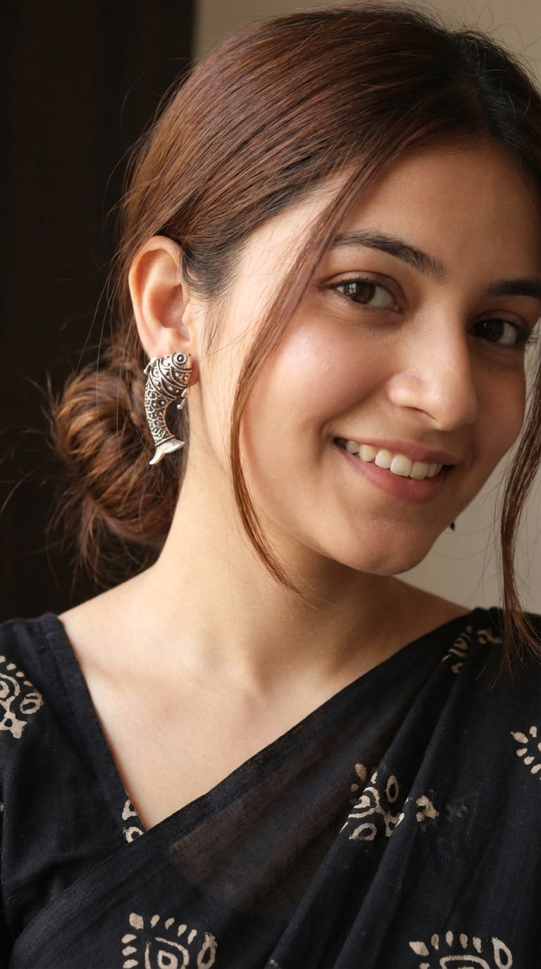 Oxidised Finish Fish Shape Stud Earrings