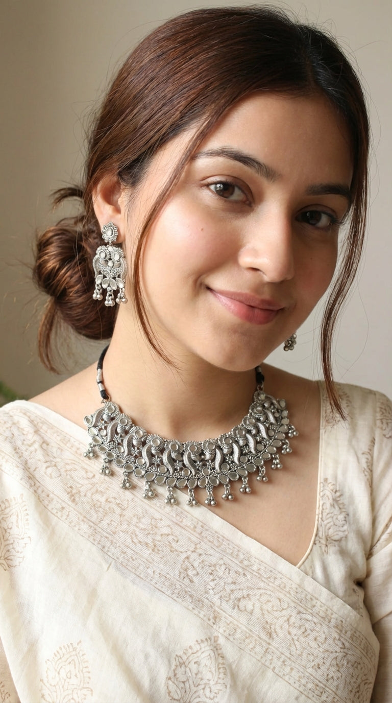 Set of 3 Silver Finish Mirror Work Necklace Set and Maang Tika