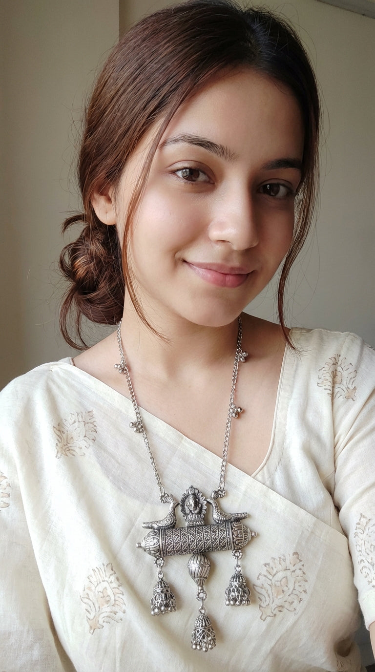 Long Chain Oxidised Silver Bird and Ganesha Necklace