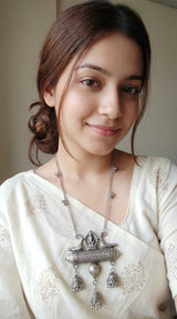 Long Chain Oxidised Silver Bird and Ganesha Necklace