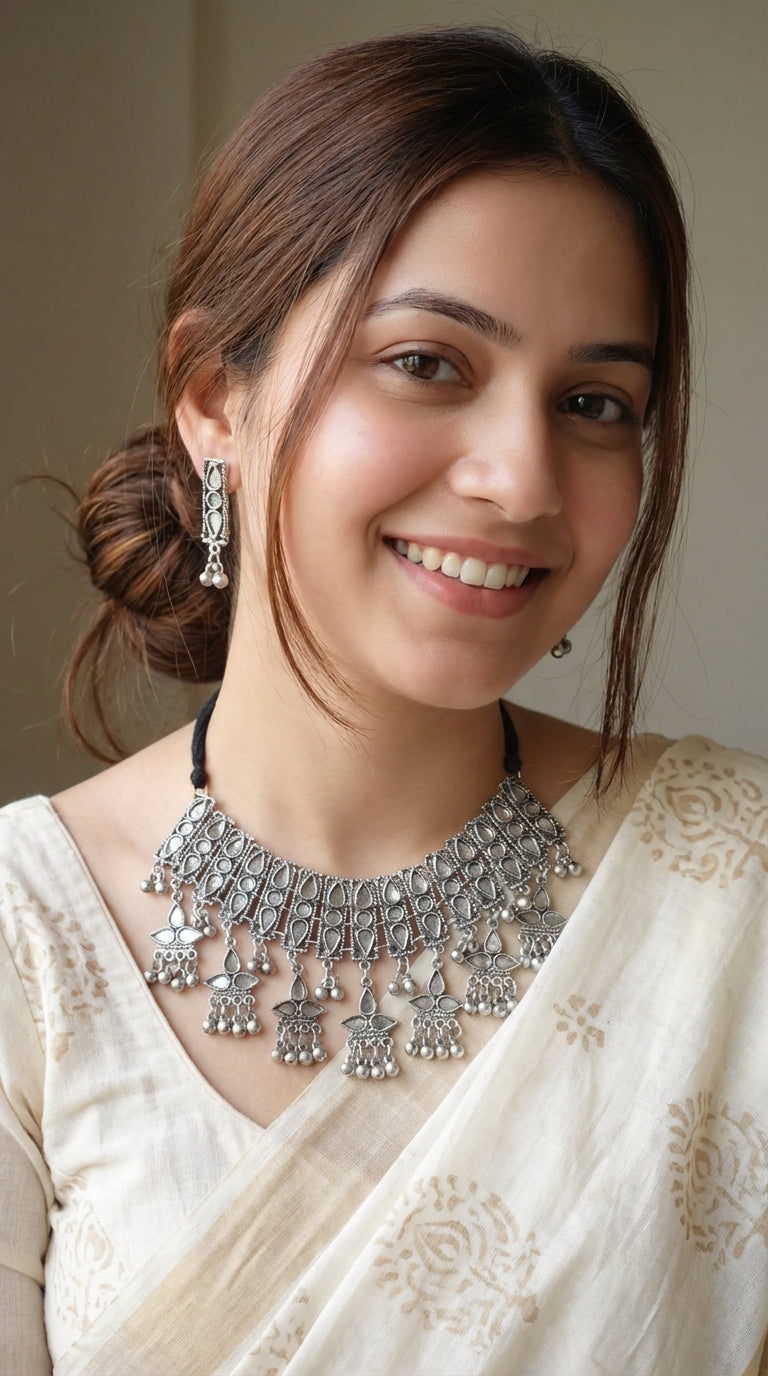 Oxidised Finish Adjustable Length Choker Necklace Set