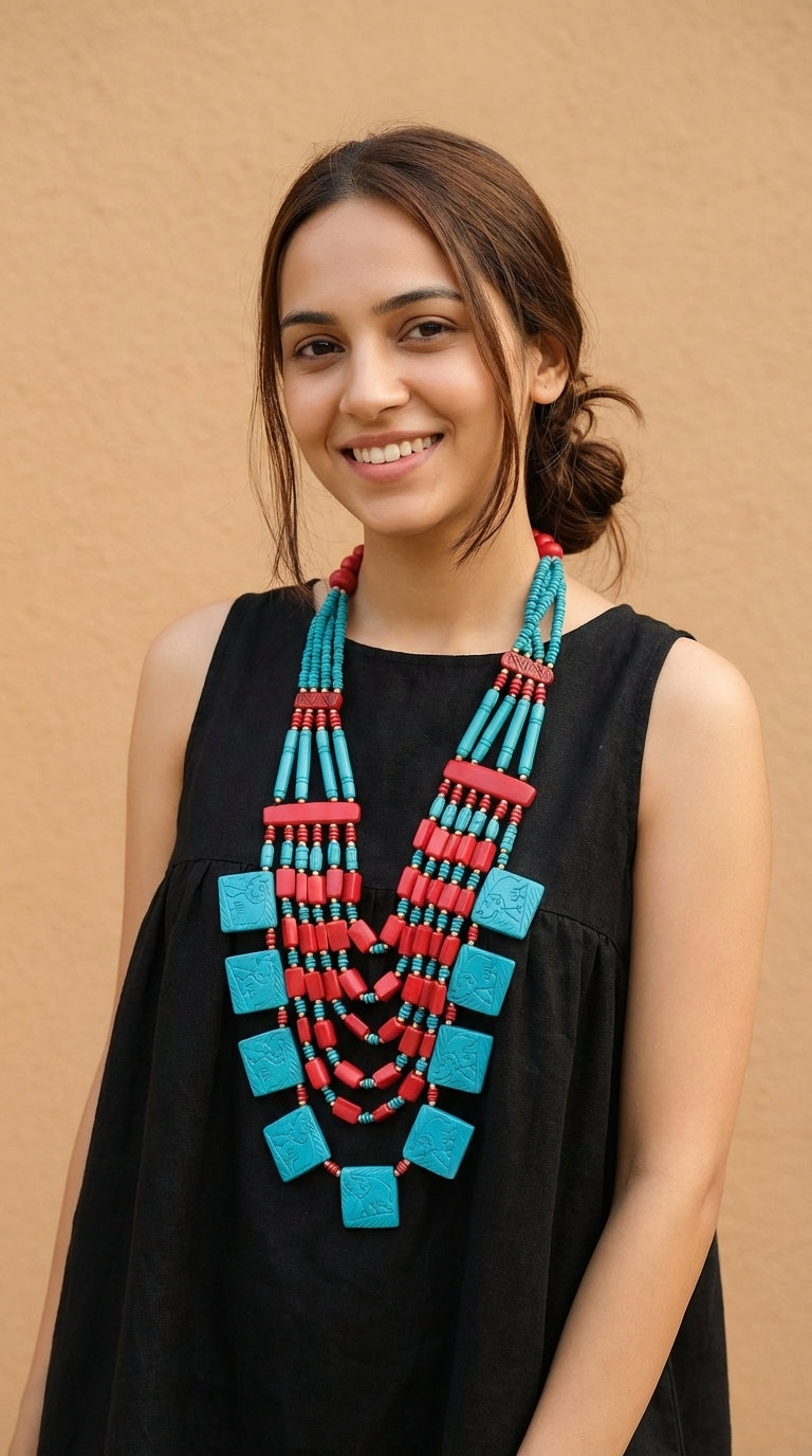 Engraved Turquoise and Red Bone Beads Handcrafted Multi-Layer African Tribal Necklace