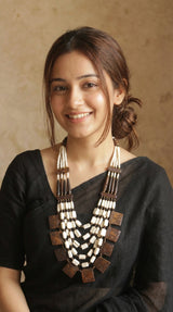 Engraved Off-White and Brown Bone Beads Handcrafted Multi-Layer African Tribal Necklace