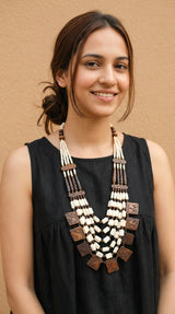 Engraved Off-White and Brown Bone Beads Handcrafted Multi-Layer African Tribal Necklace