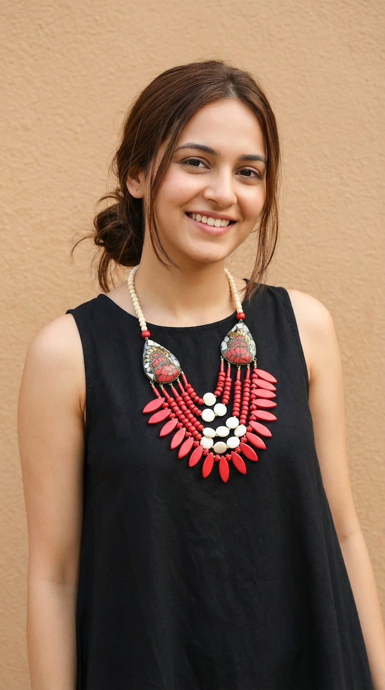 Red and White Bone Beads Handcrafted Multi-Layer African Tribal Necklace