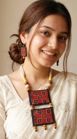 Ajrakh Fabric Handmade Necklace Set with Adjustable Thread Closure