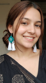Hand Painted Fabric Earrings with Pom Poms
