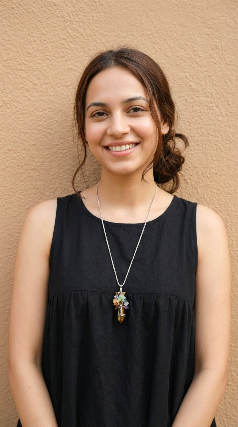 7 Chakra Tree of Life Wrapped on Purple Shaded Natural Gemstone Pendant Silver Finish Brass Chain Necklace