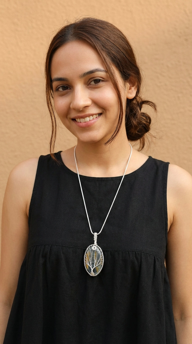 7 Chakra Tree of Life Wrapped on Shaded Grey Natural Gemstone Pendant Brass Chain Necklace