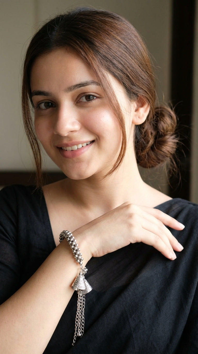 Silver Finish Bracelet with Hanging Metal Chain Strings