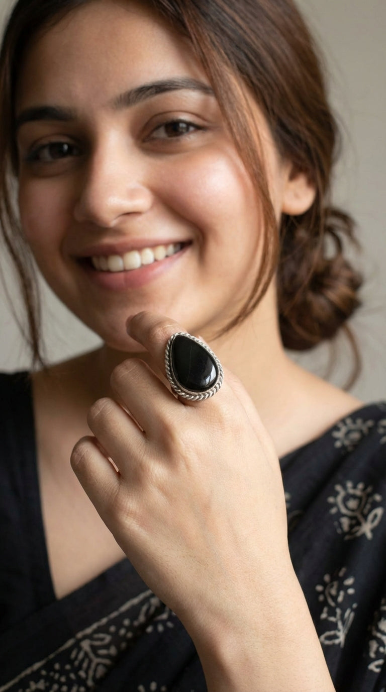 Blue Tear Drop Shape Silver Adjustable Size Ring