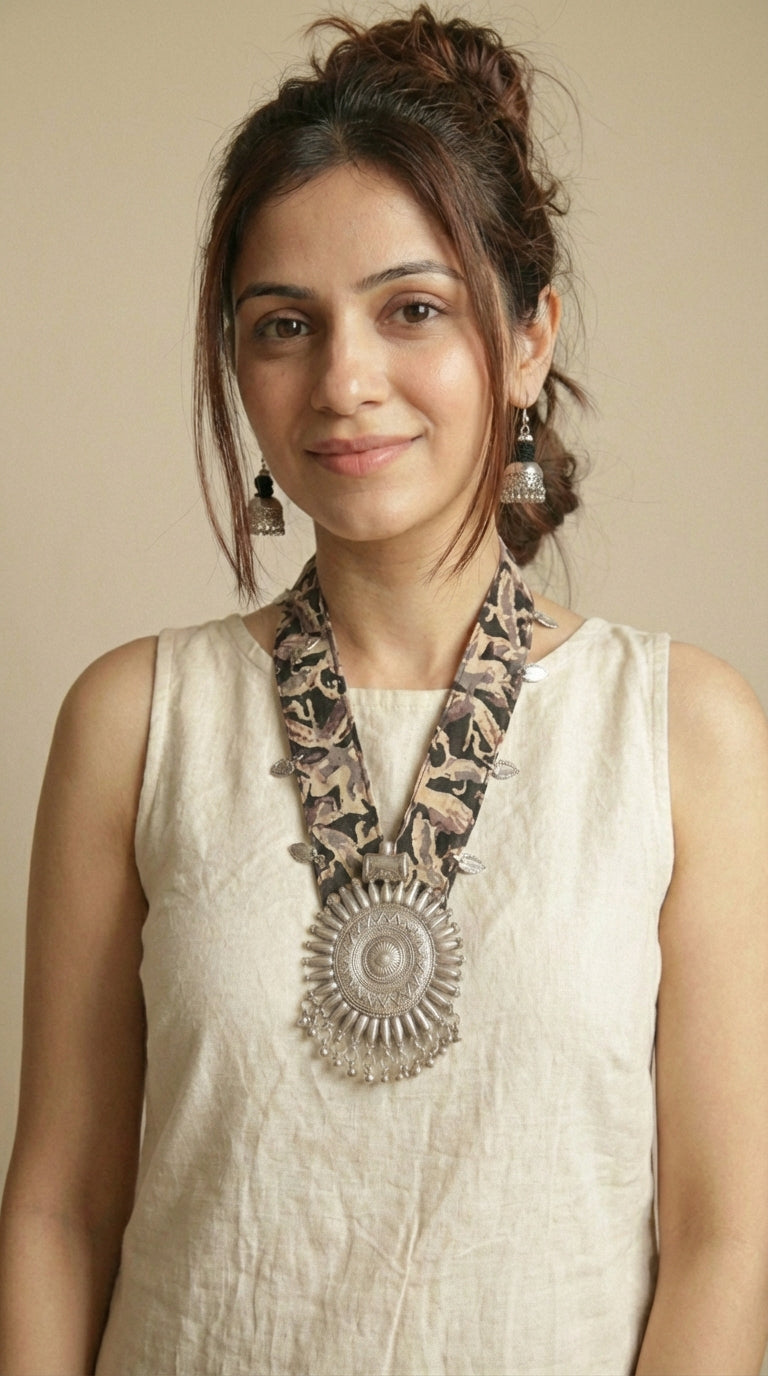 Black Kalamkari Fabric Necklace Embellished with Metal Charms