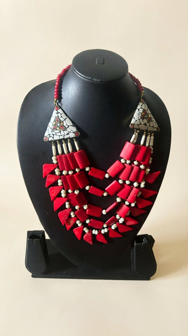 Red Bone Beads Handcrafted Multi-Layer African Tribal Necklace