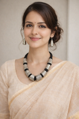 Intricately Detailed Metal Accents Braided with Black Fabric Threads Necklace Set