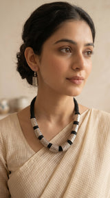 Intricately Detailed Metal Accents Braided with Black Fabric Threads Necklace Set
