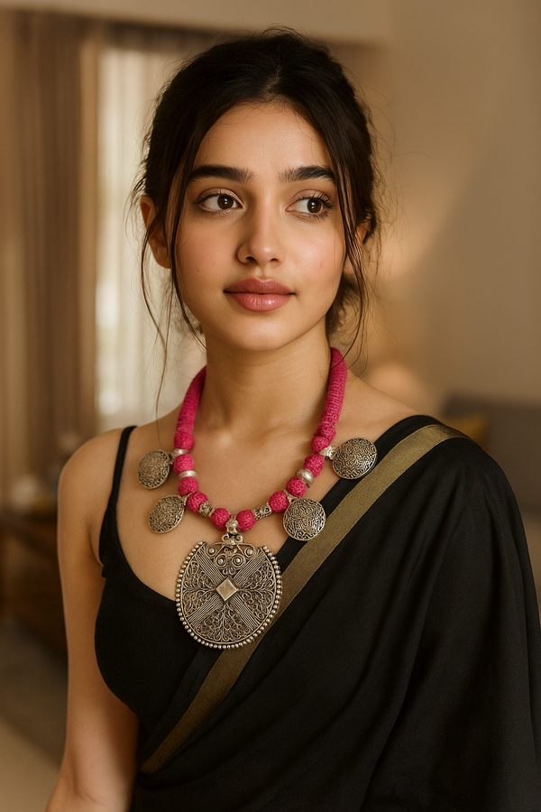 Intricately Detailed Metal Pendant and Charms Pink Thread Braided Necklace