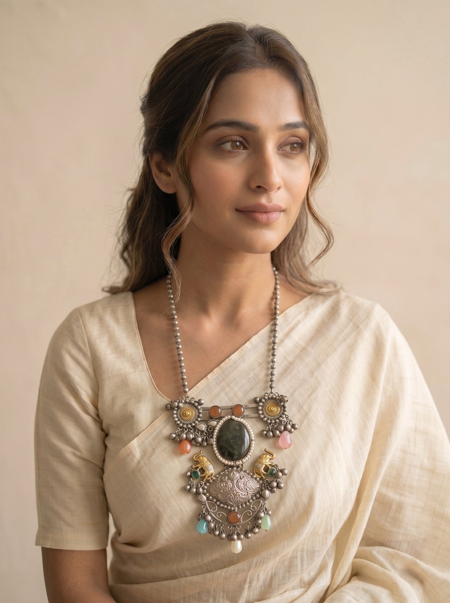 Intricately Detailed Statement Necklace with Grey Natural Center Stone