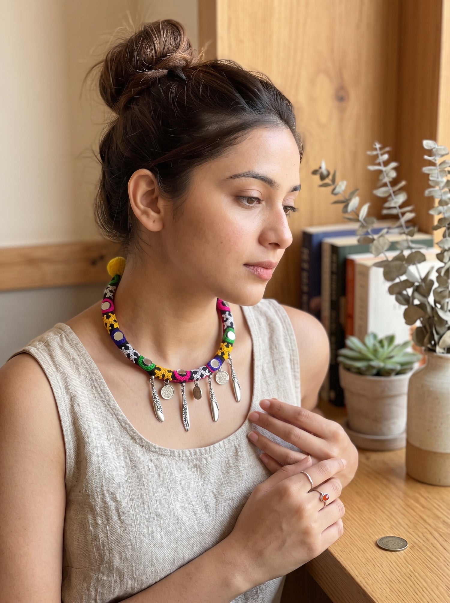 Intricately Hand Embroidered Multi-Color Mirror and Fabric Choker Necklace with Metal Accents