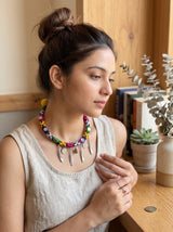 Intricately Hand Embroidered Multi-Color Mirror and Fabric Choker Necklace with Metal Accents