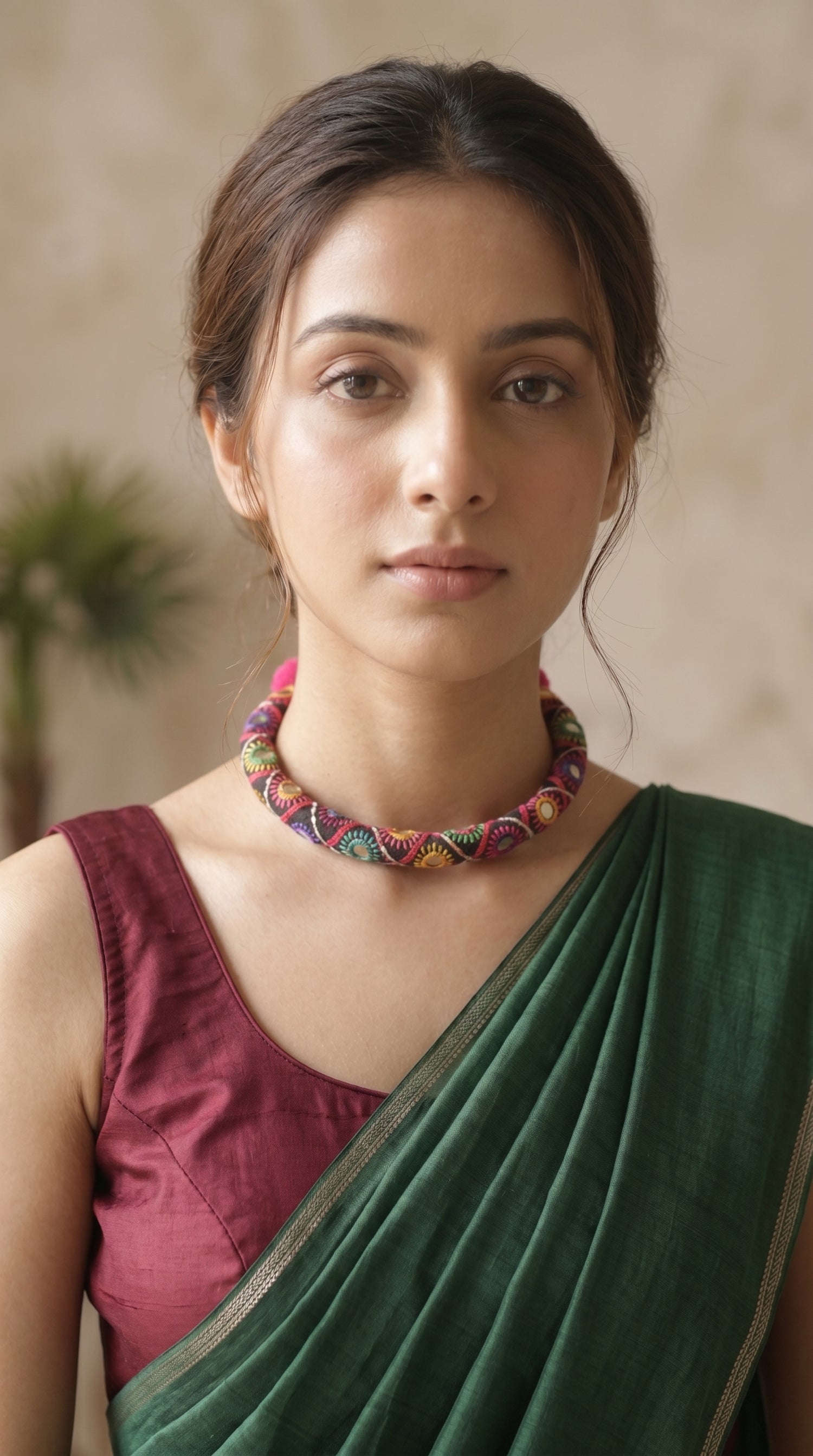 Intricately Hand Embroidered Multi-Color Mirror and Fabric Choker necklace
