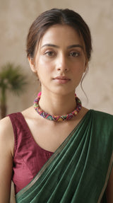 Intricately Hand Embroidered Multi-Color Mirror and Fabric Choker necklace