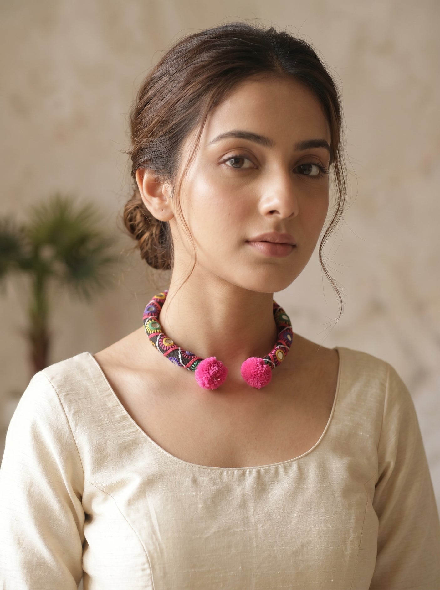 Intricately Hand Embroidered Multi-Color Mirror and Fabric Choker necklace