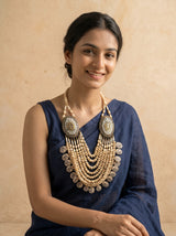 Ivory Bone Beads Quirky Statement Necklace with Mosaic Details