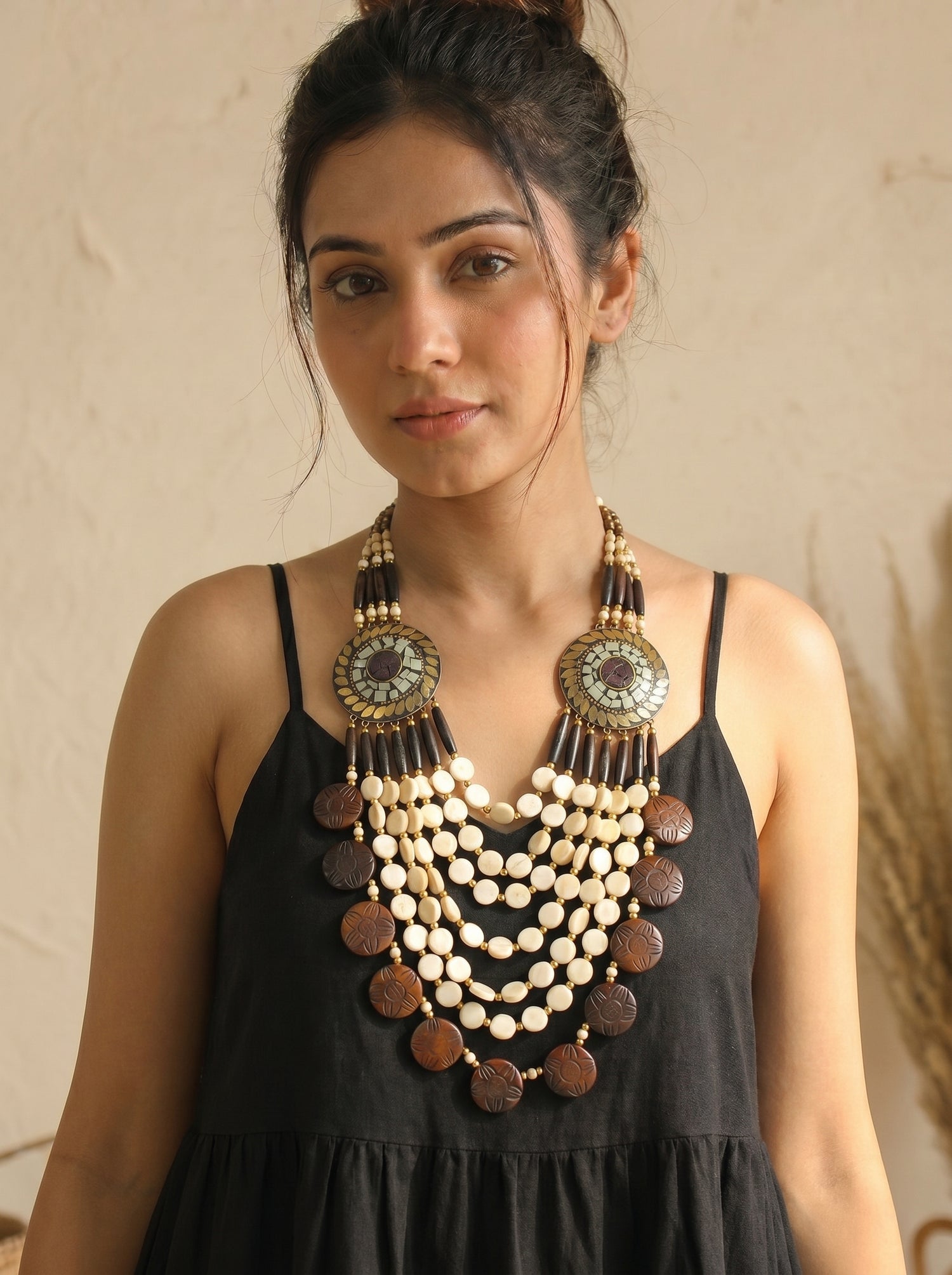 Ivory & Brown Bone Beads Handcrafted Multi-Layer African and Tibetan Tribal Necklace