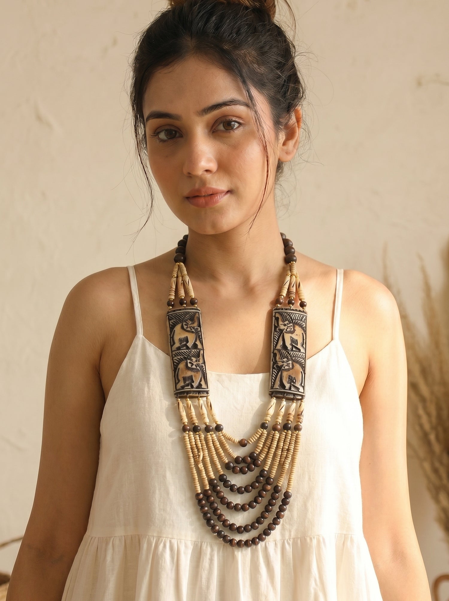 Ivory and Brown Bone Beads Statement Necklace with Elephant Motifs