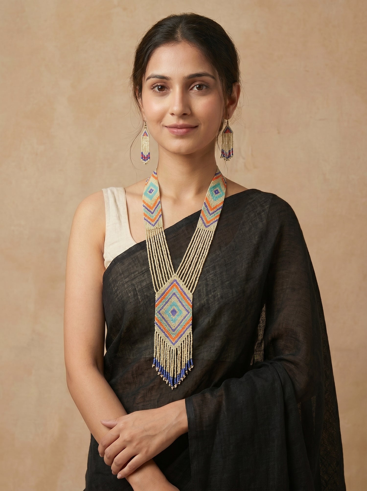 Ivory and Multi-Color Hand Beaded Long Necklace Set