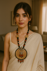 Jute, Fabric Beads and Rudraksha Durga Motif Necklace Set