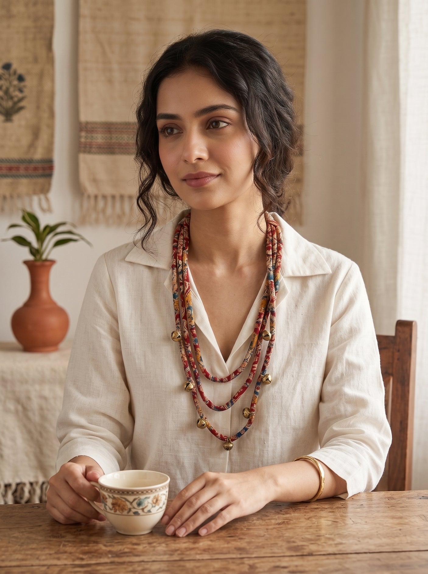 Kalamkari Fabric Cord 3 Layer Handmade Ghungroo Necklace Set