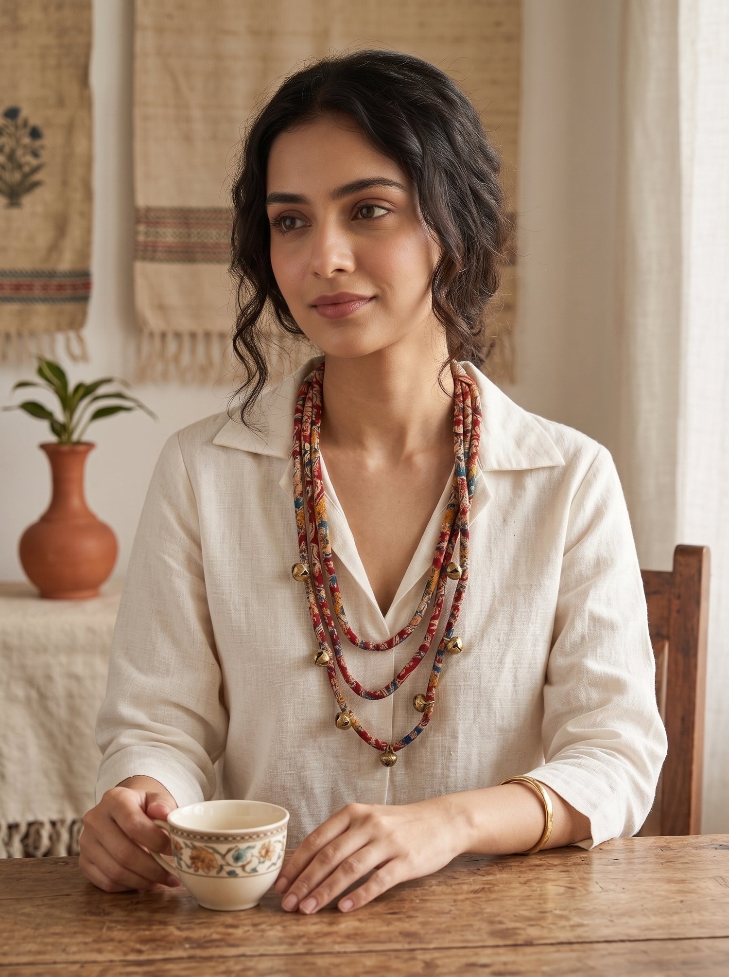 Kalamkari Fabric Cord 3 Layer Handmade Ghungroo Necklace Set