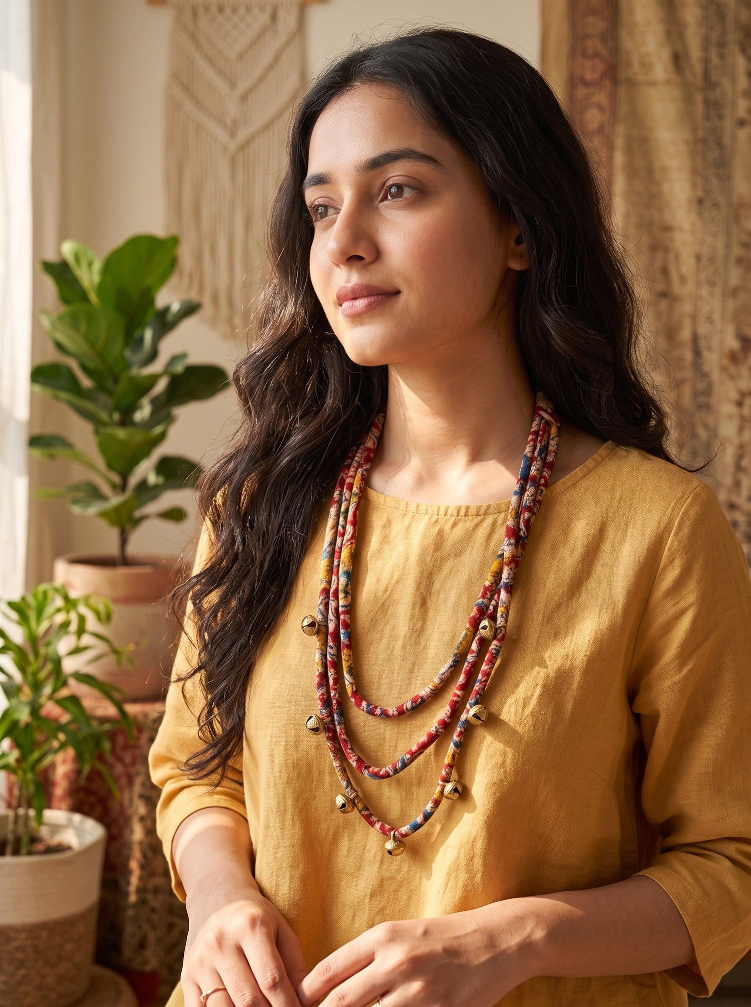 Kalamkari Fabric Cord 3 Layer Handmade Ghungroo Necklace Set