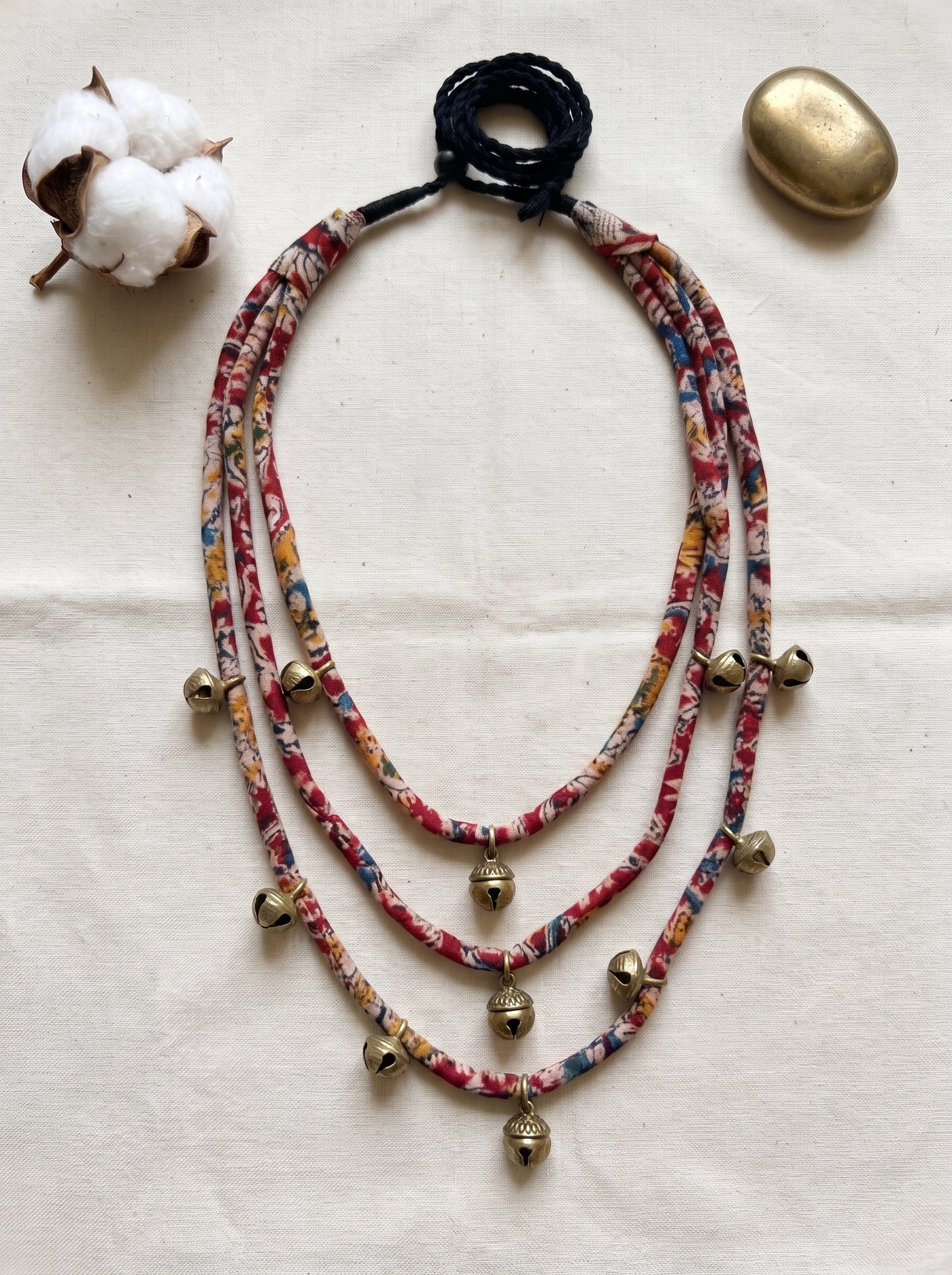 Kalamkari Fabric Cord 3 Layer Handmade Ghungroo Necklace Set