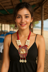 Kalamkari Fabric Shell Work Handcrafted Necklace Set with Thread Closure